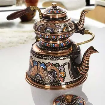 LaModaHome Hand Painted Large Copper Turkish Tea Pot Samowar Style