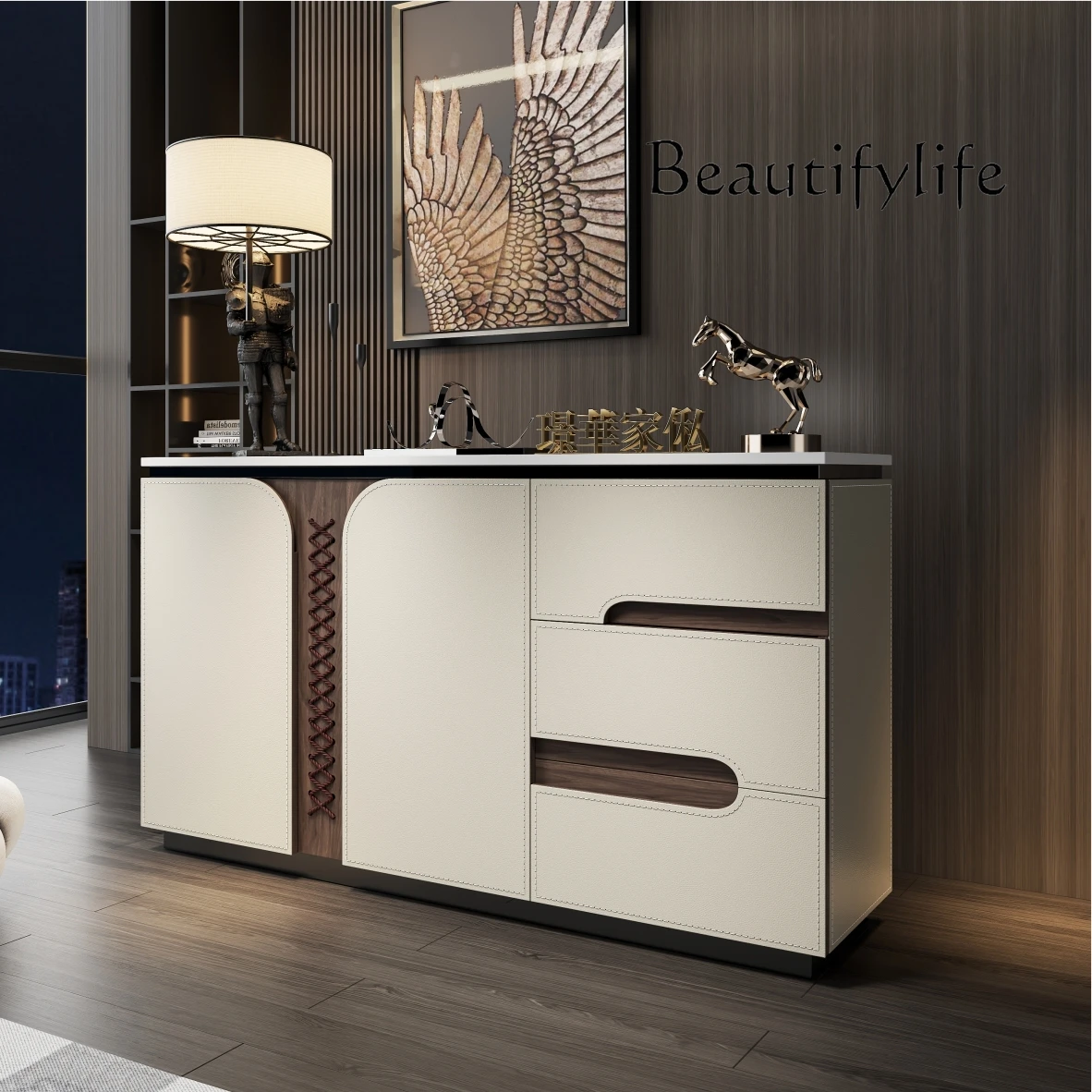 

Italian minimalist dining side cabinet integrated living room bedroom storage saddle leather light luxury modern entrance