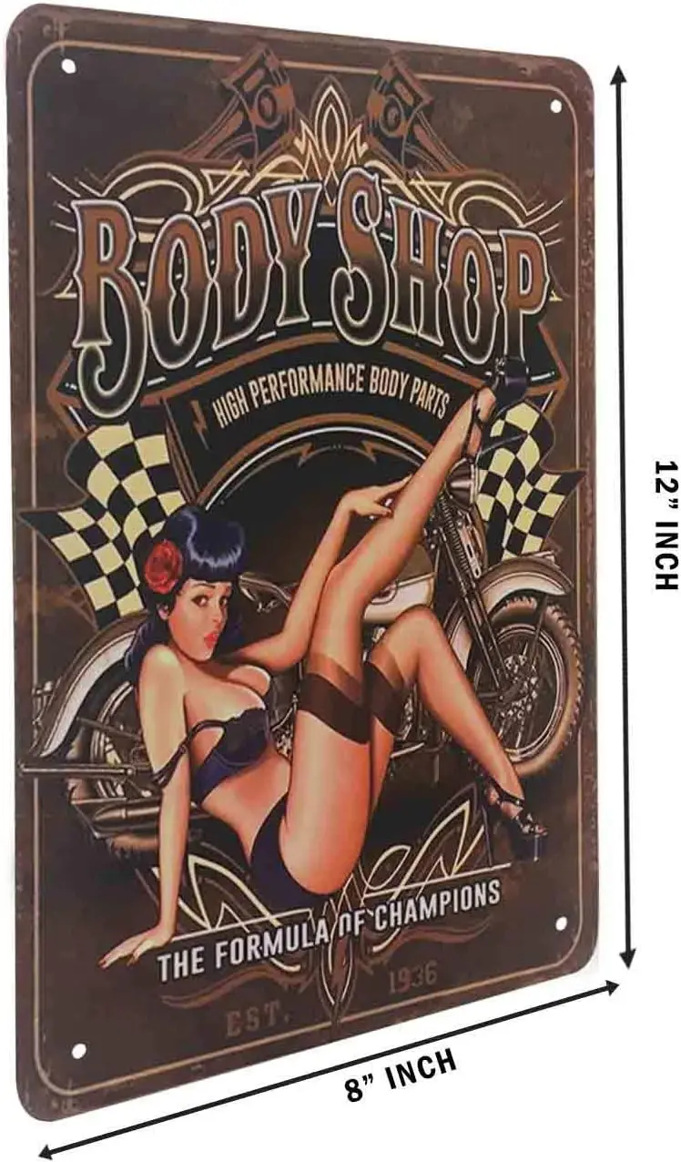 HOSNYE Body Shop Pin Up Girl Tin Sign Sexy Women with Motor Bike Brown Backdrop Vintage Metal Tin Signs for Men Women Wall Art D