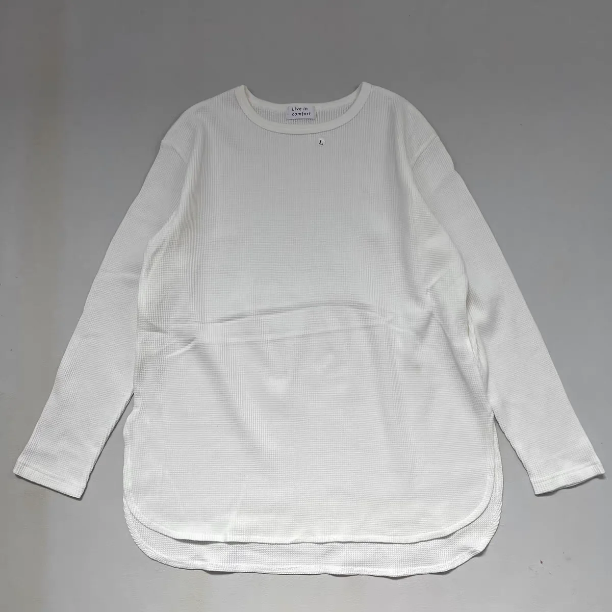 Długi T-shirt z czystej bawełny, okrągły dekolt, wkładany przez głowę, na wiosnę i jesień, casualowy, z rozcięciem, okrągły dół, wzór wafelkowy, wygodny damski top.