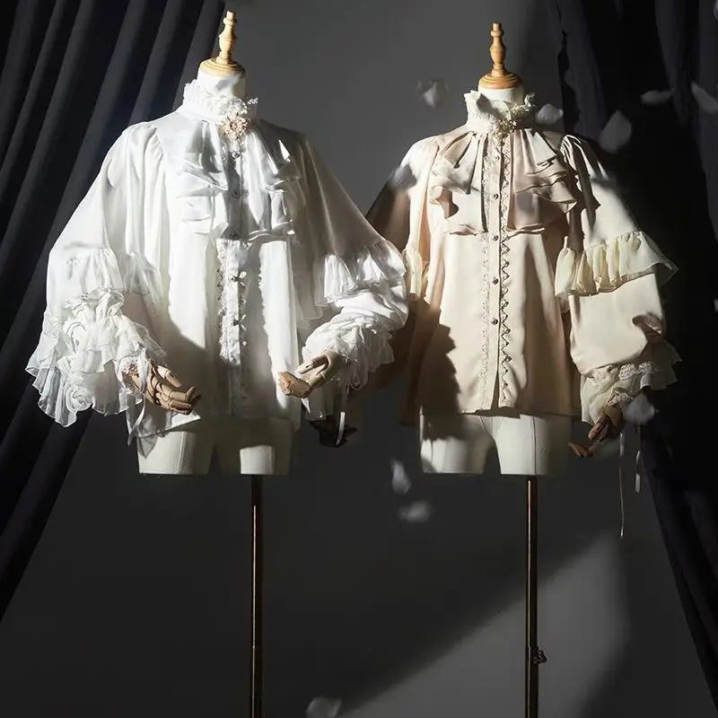 

Gothic Shirt Y2k Top Lolita Girls Ruffle Umbrella Skirt High Waist Oversized Long Skirt Horn Long Sleeve Student Elegant Blouse