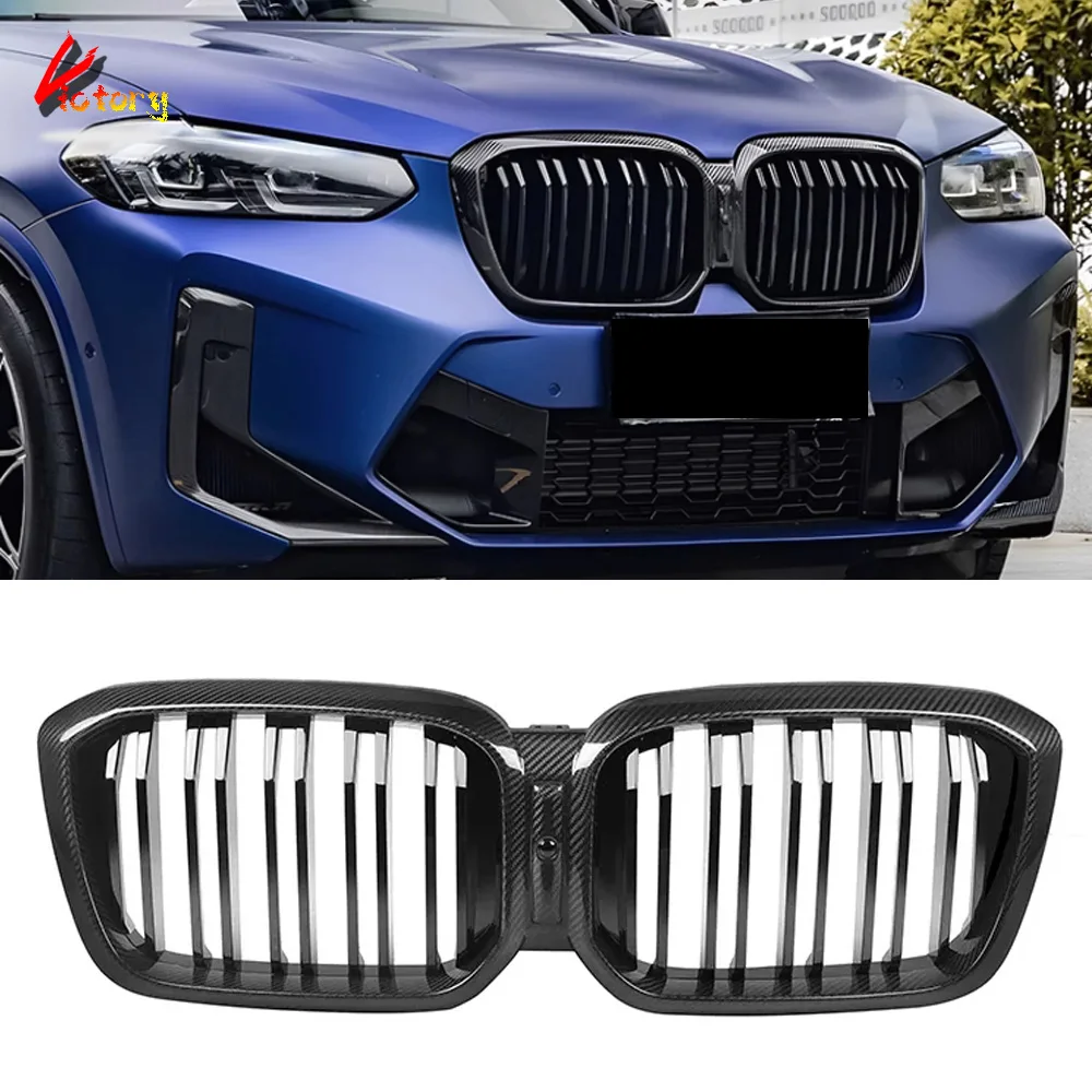 

For BMW X3 X4 G01 G02 LCI 2022-IN Real Carbon Front Grills Kidney Grille Upper Hood Mesh Grid W/ Camera Hole