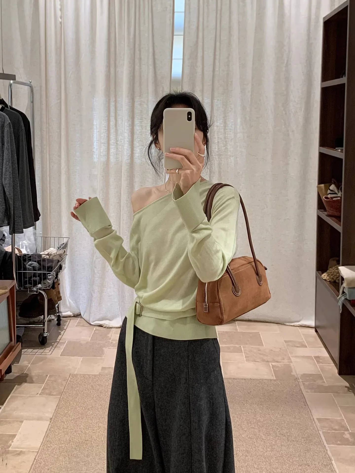 

Korean Style Slim Fit Women's Knitted Sweater Light Green Shoulder Detail Casual Slimming Top Spring Summer New Arrival