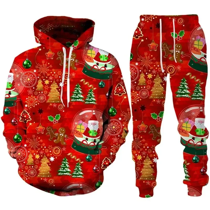 Hoodie motif 3D Santa Claus, baru lucu pakaian olahraga pria celana Hoodie 2 potong kasual pesta Natal Set Hoodie untuk pria