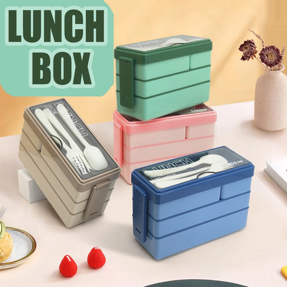 4 Grid 3 layers Lunch Box Leakproof Bento Box Microwave Boxs for Work Picnic Food Storage Boxes With Spoon knife fork