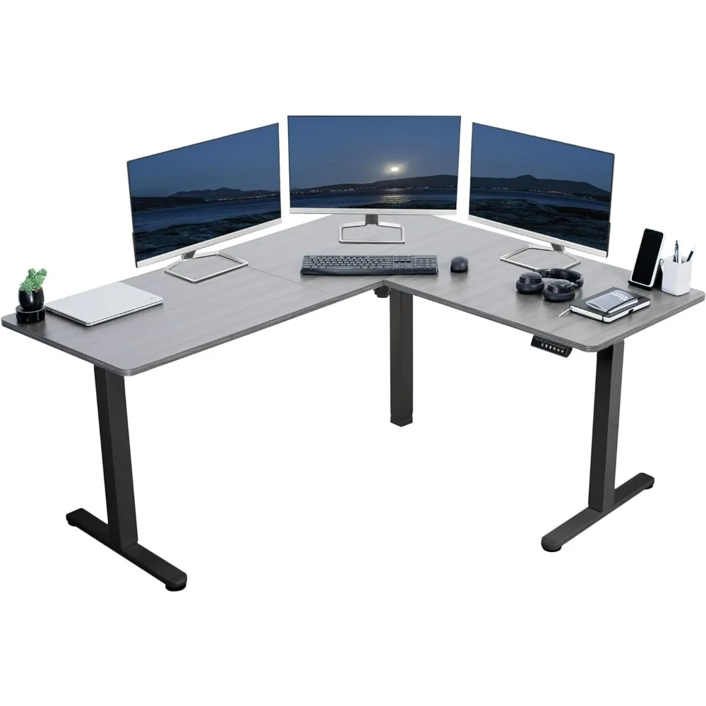 Electric Height Adjustable 63 x 55 inch Corner Stand Up Desk, Gray Table Top, Black Frame, L-Shaped Standing Workstation,