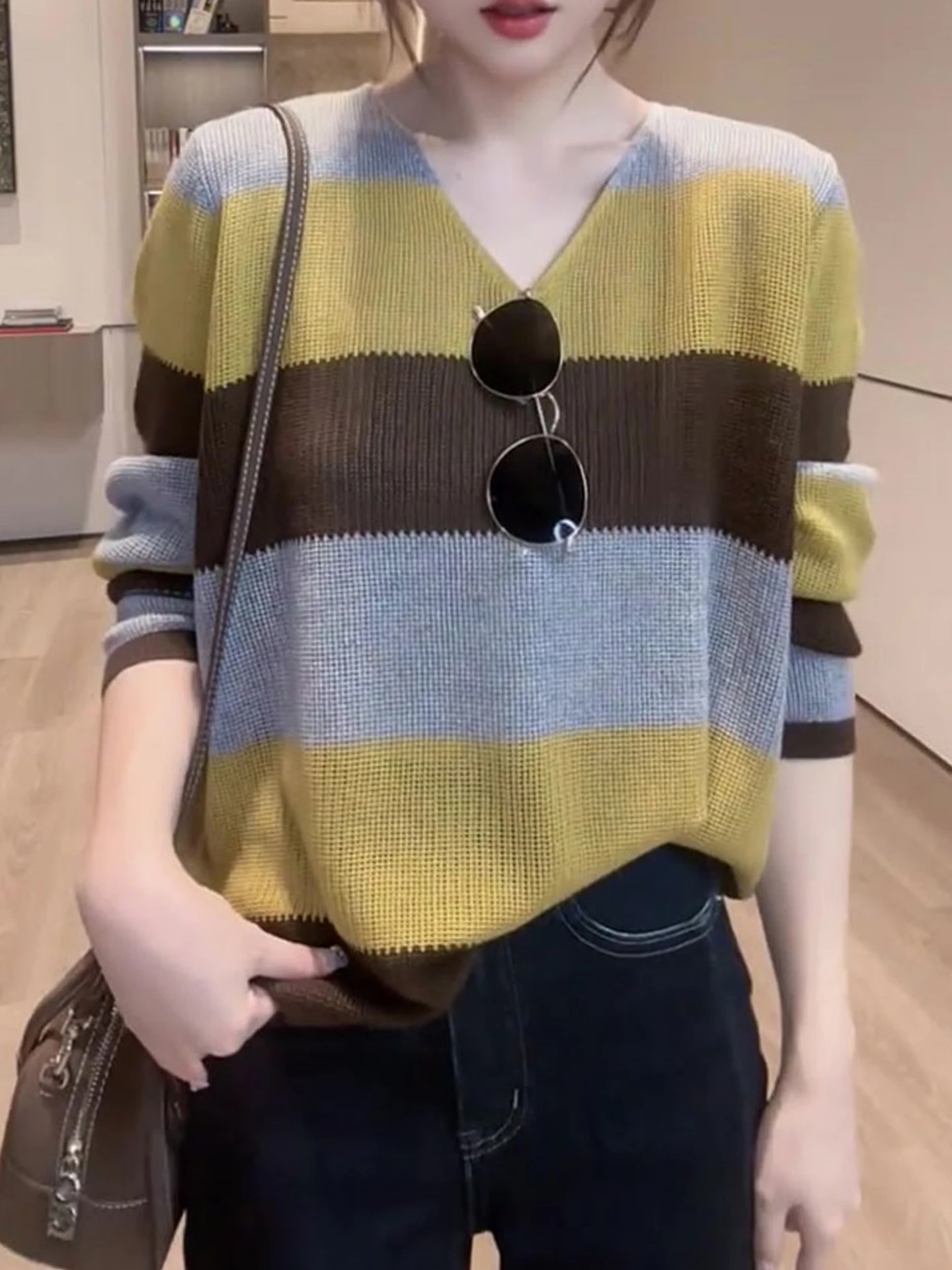 

Женский вязаный топ свободного кроя с длинными рукавами в полоску, летний, комфортный, для повседневной носки, в стиле колор-блок, модная вязаная одежда