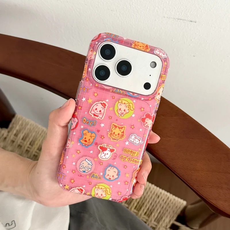 

Clear Pink Plaid Pattern Cute Boy Girl Phone Case For iPhone 17 Pro 16 15 Pro Max Back Cover Cartoon Protective Cases