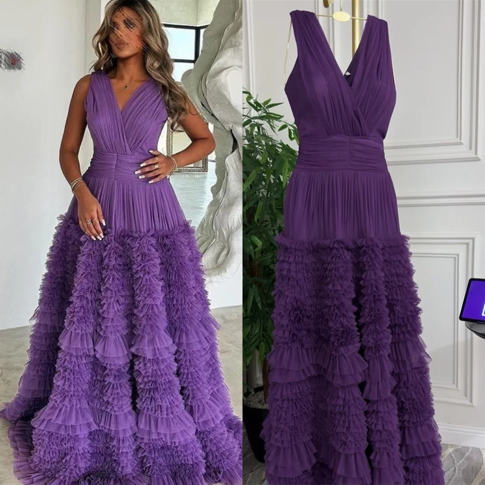 

Customized Exquisite Purple Tulle Evening Dress High Quality V-Neck Cap Sleeve Sleeveless Zipper Back Special Occasion Gowns