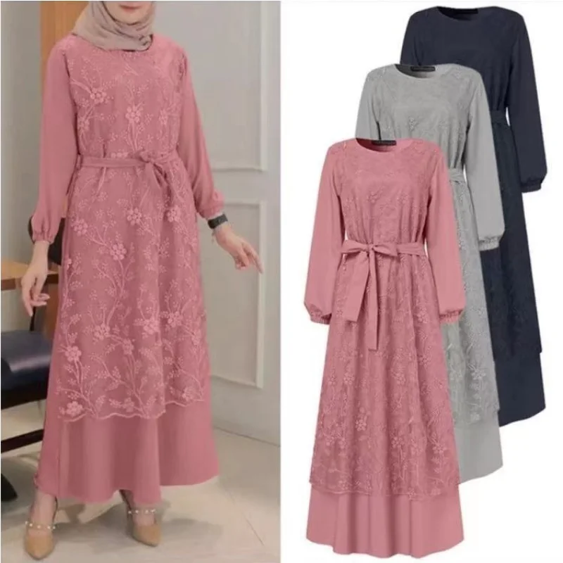 Fashionable New Muslim Round Neck Lace Long Sleeved Loose Long Skirt for Women in Multiple Colors To Choose From