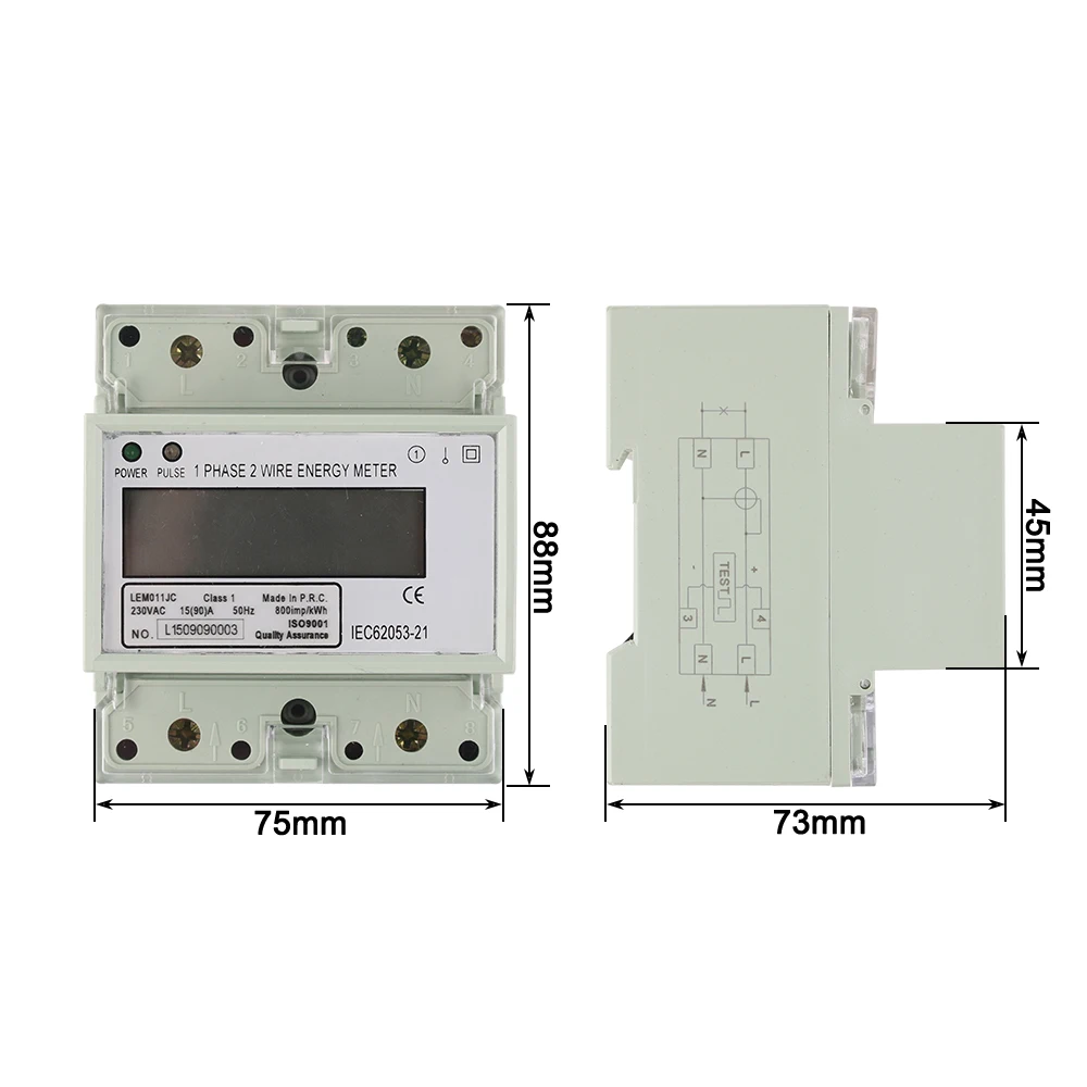 1 Phase 2 wire DIN Rail Energy Meter Calibration Equipment 15(90)A 5(40)A 230V LEM011JC