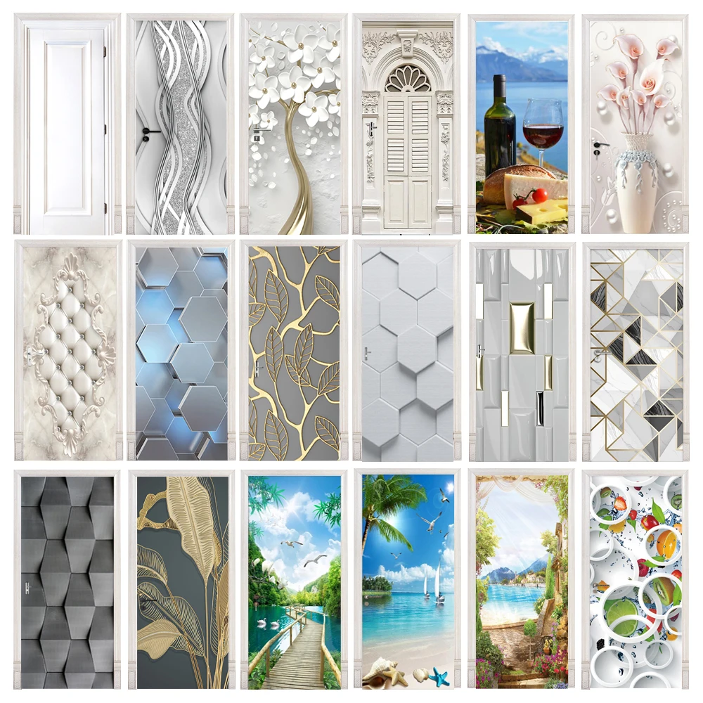 Custom Size 3D Geometric Door Stickers Self Adhesive Waterproof Modern Fashion Scenery Home Room Door Wrap Mural Cover Wallpaper