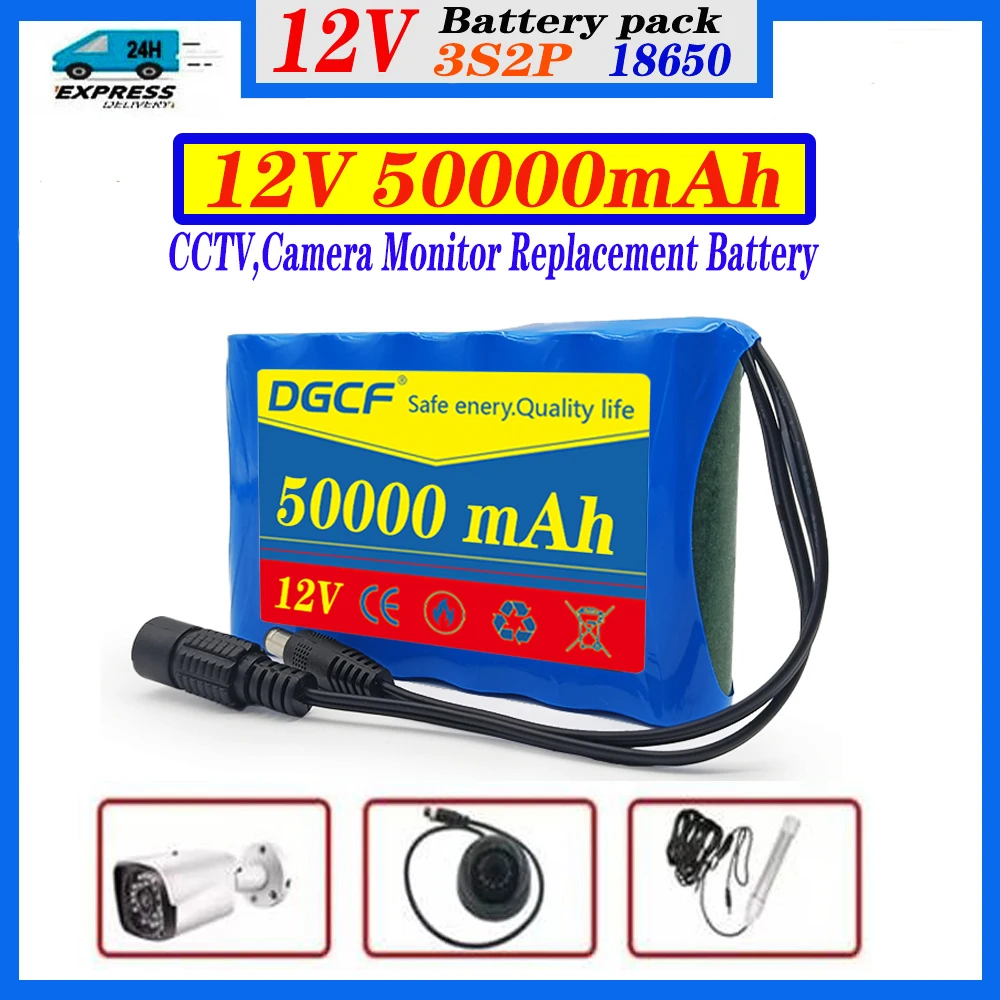 

18650 3S2P 12V 50000mAh Original Lithium Ion Battery DC 12.6V 50Ah Rechargeable CCTV, Camera Monitor Replacement Battery + Charg