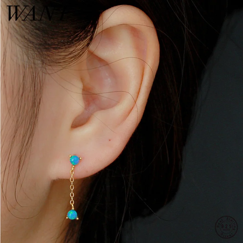 

WANTME 925 Sterling Silver Fashion Blue Opal Zircon Link Chain Tassel Ear Line Earrings for Women Bohemian Charms Party Jewelry