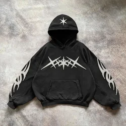 Oversized Embroidered Hooded Y2k Retro Black Star Patchwork Hoodie Fashion Loose Sweatshirt Gothic Streetwear Men Clothing