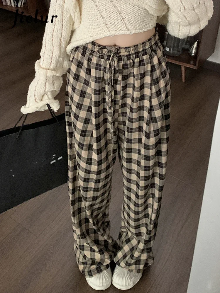 

Jielur Spring Checkered Loose Women's Casual Pants Korean Versatile Fashion Elastic Waist Drawstring Straight Leg Pants Female