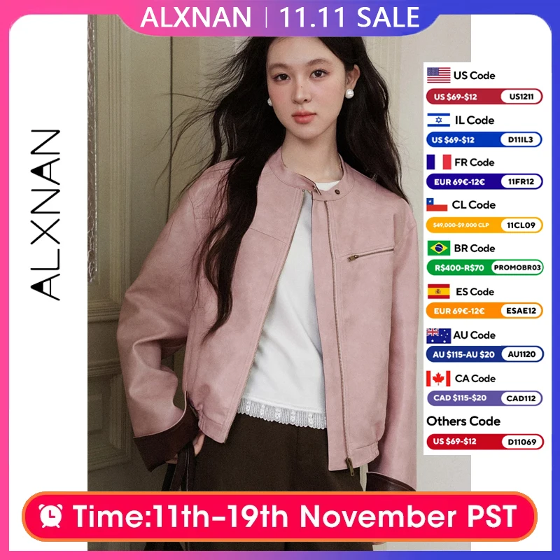 

ALXNAN женская кожаная куртка на молнии с цветными блоками в стиле пэчворк и карманами, осенние пальто, водонепроницаемое пальто свободного покроя с эластичным подолом L58816