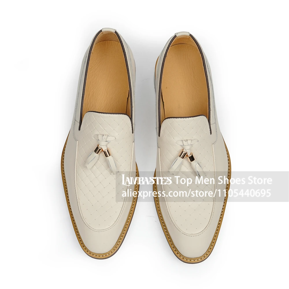 

Men's Ivory White Tassel Loafers Almond Square Toe Last Slip on Dress Shoes Polished Smooth Leather Panel Handmade Leather Shoes