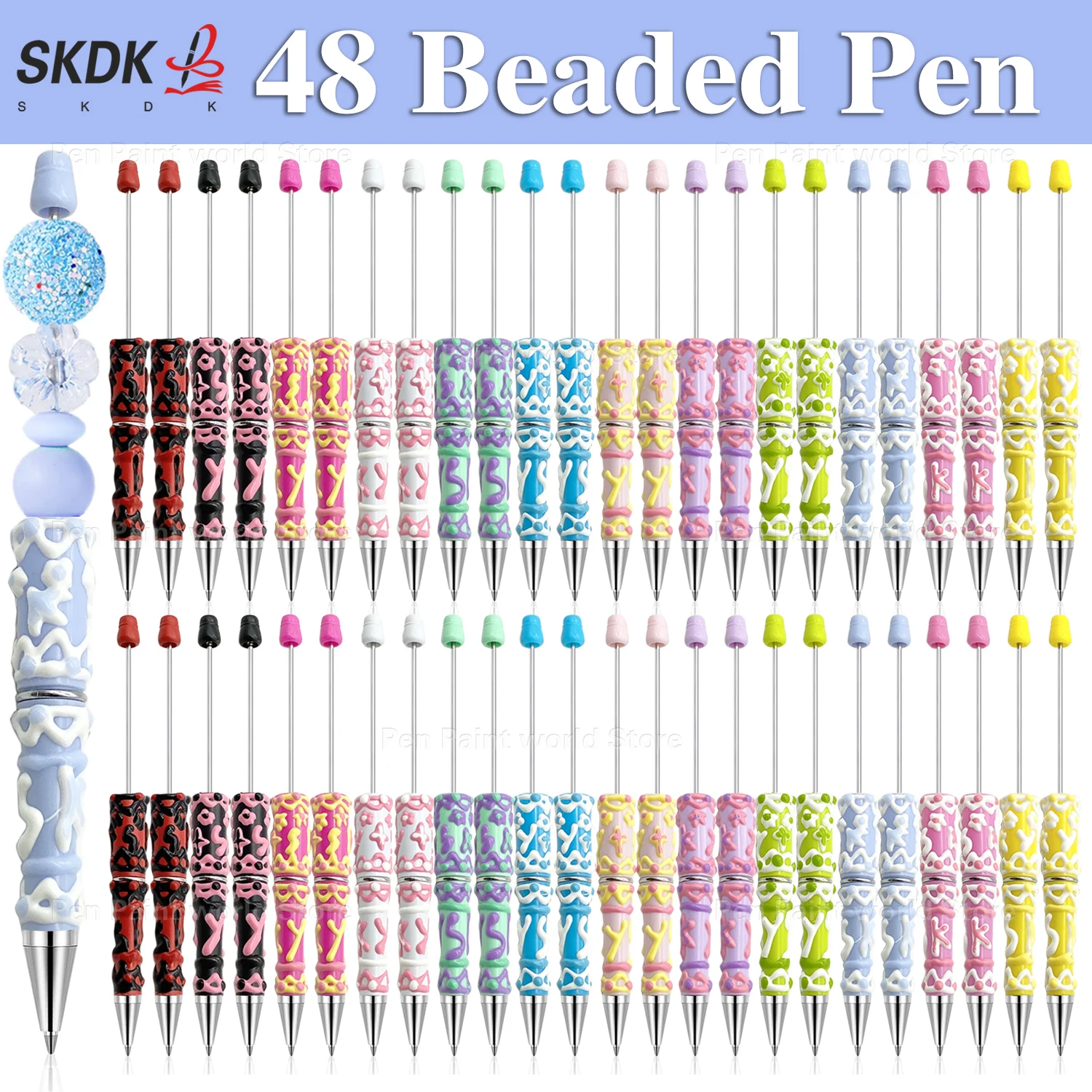 

48Pcs Bulk DIY Spinning Beaded Ballpoint Pens - Hand-Decorated Creamy Ink Pens for School & Art