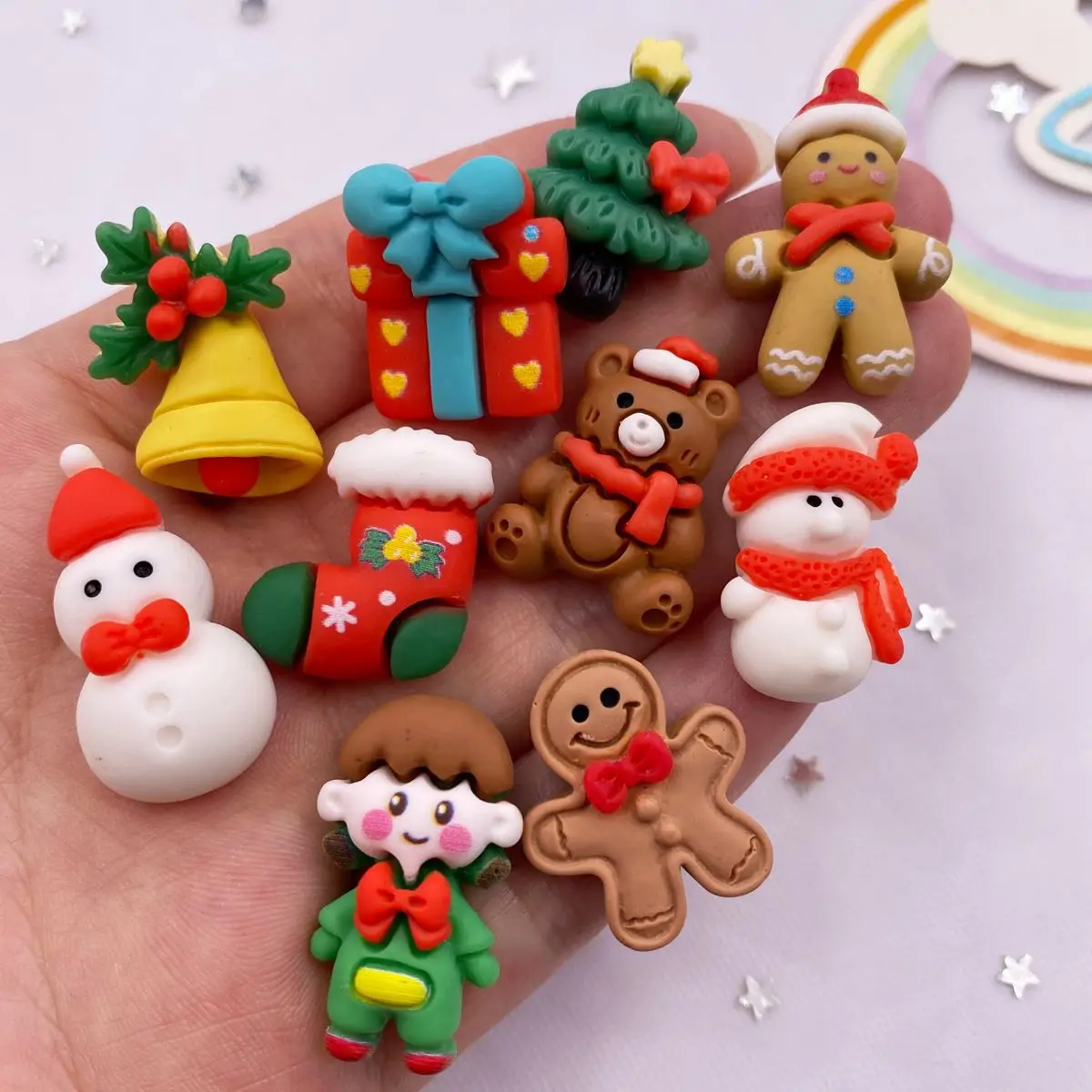 Resin Cute Colorful Gingerbread Man Snowman Bells Christmas Tree Flatback Art Cartoon Figurines 10PCS Scrapbook DIY Decor Crafts