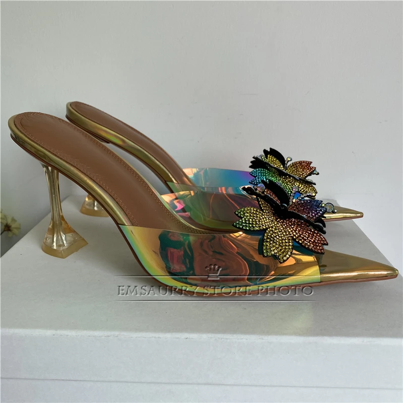 Iridescent Diamond Flower Modern Sandals Women Clear Crystal High Heel PVC Transparent Slingbacks Summer Mules