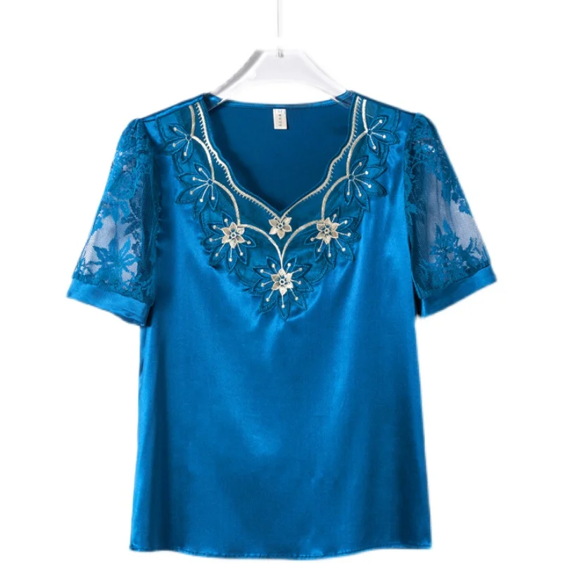 M-4XL New Fashion Women Shirt V neck Stitching Satin lace Blouse Summer Short sleeve Flower Mesh Tops blusa feminina