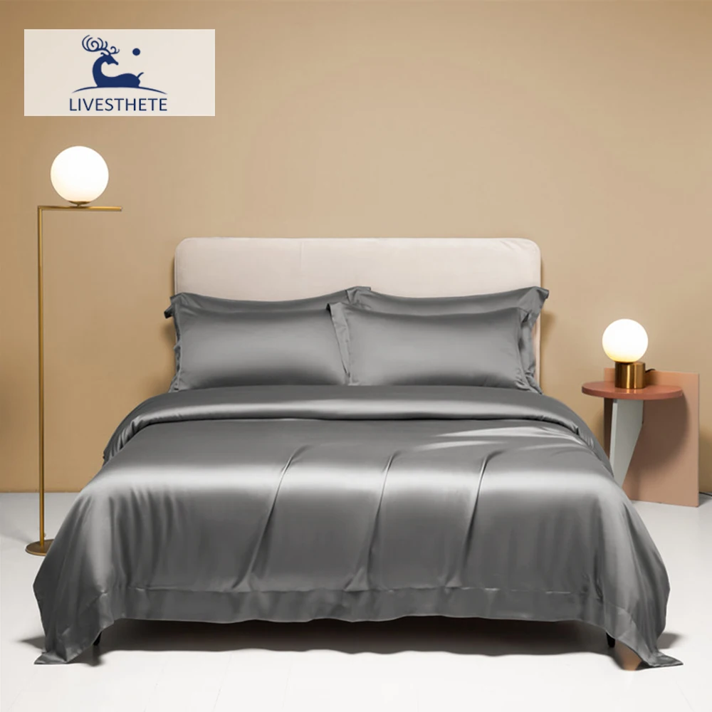 

Liv-Esthete Summer 100% Silk Gray Bedding Set Duvet Cover Pillow Case Bed Sheet Quilt Cover Double King Queen For Sleep Gift Set