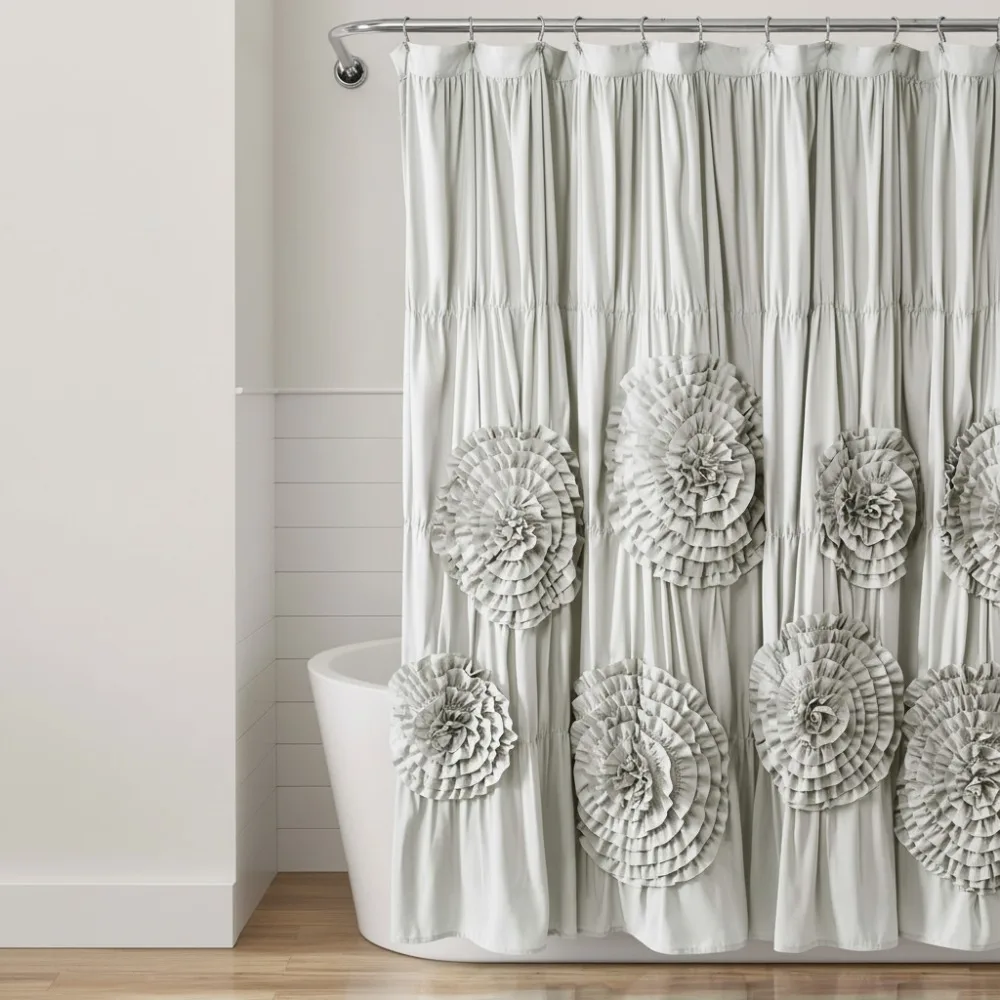 

Elegant Ruffled Shower Curtain 72x72 Light Gray - Vintage Floral Bathroom Decor for Coquette Style