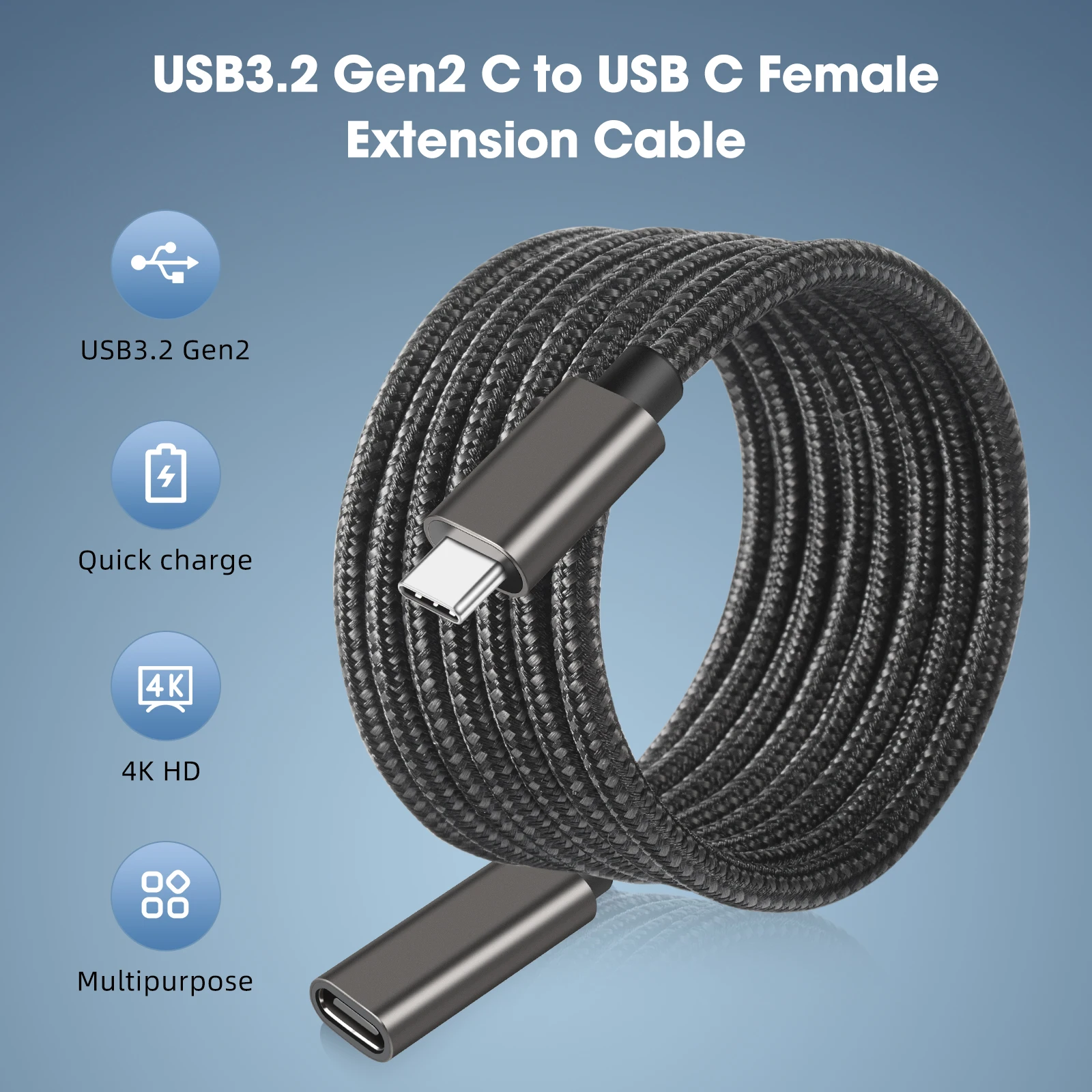Type-C Extension Cable for Male-to-Female Conversion USB3.2 Data Cable 4K Screen Projection Docking Station Hard Disk Connection