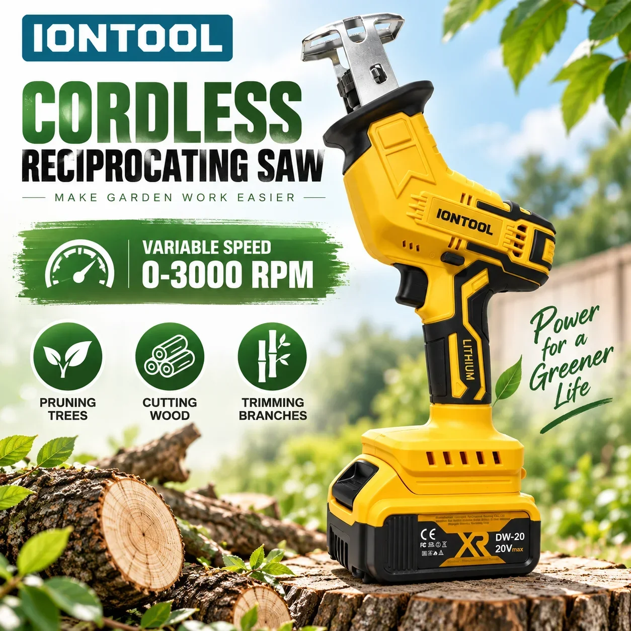 IONTOOL Handheld Yellow Cordless Saber Saw For Tree Limb Pruning and Metal Pipe Cutting and Rubber Hose Trimming and Repair
