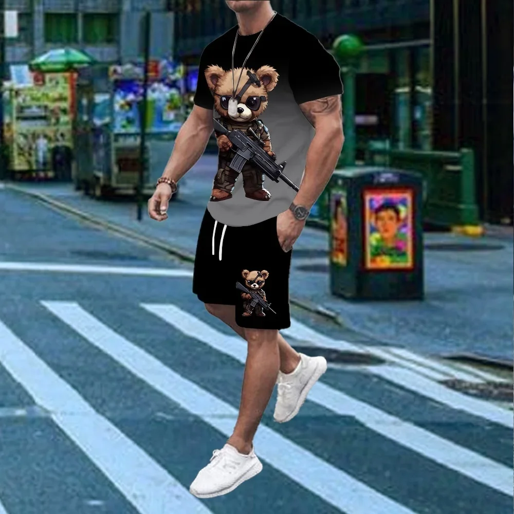 

Мужской комплект: футболка и шорты с принтом мультяшного медведя, летний повседневный модный комплект для мужчин, короткий рукав, для улицы и активного отдыха