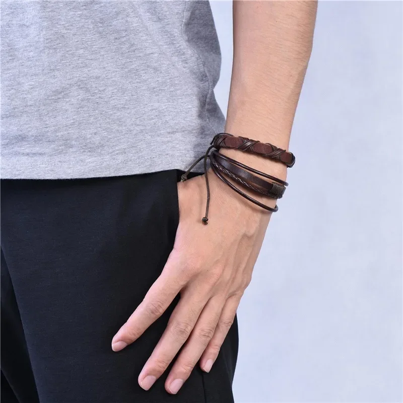 Brown/Black Braided Handmade Leather Rope Bracelet for Women Men QC24