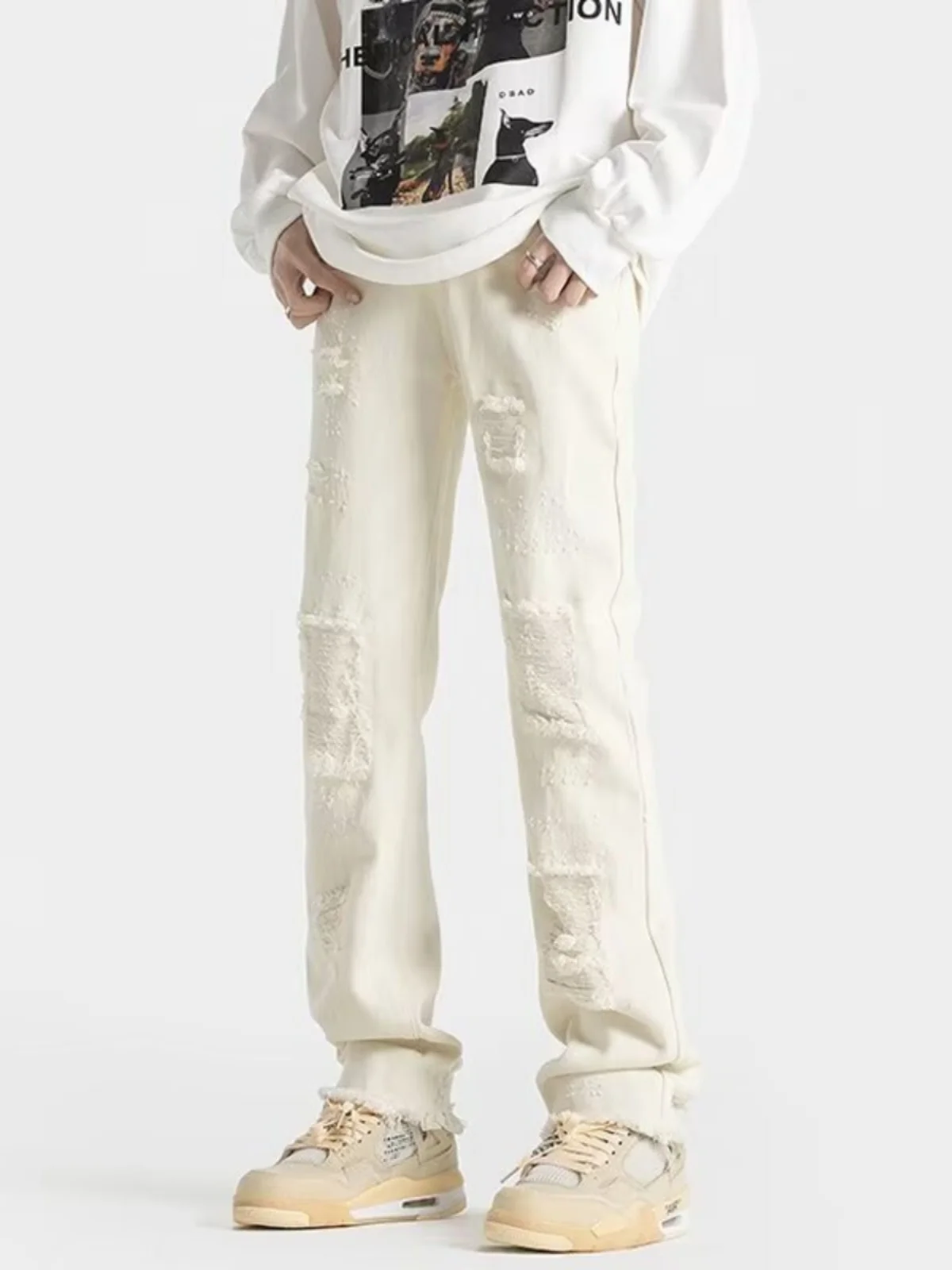 

Мужские джинсы American Sle прямого кроя, летние, модные, в стиле High Street, с рваными краями, классические синие джинсы из денима