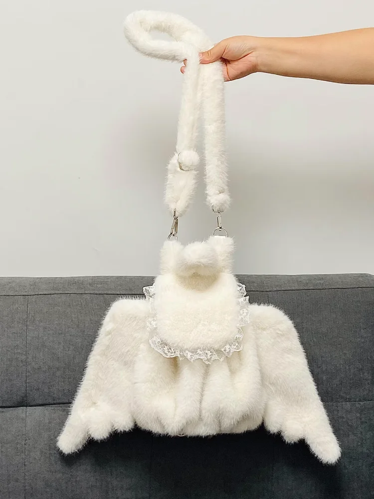 Women Cute Fluffy Plush Backpack Lace Decor Small Shoulder Bag Sweet Lolita Style Faux Fur Mini Backpack Handbag