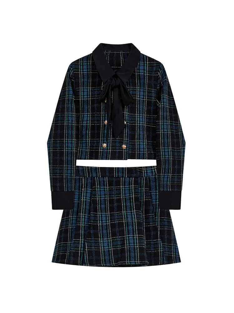 Preppy Style Outfits 2 Piece Skirt Set V-Neck Plaid Cardigan Elegant + Autumn Winter A-Line Skirt Office Lady Japanese Fashion