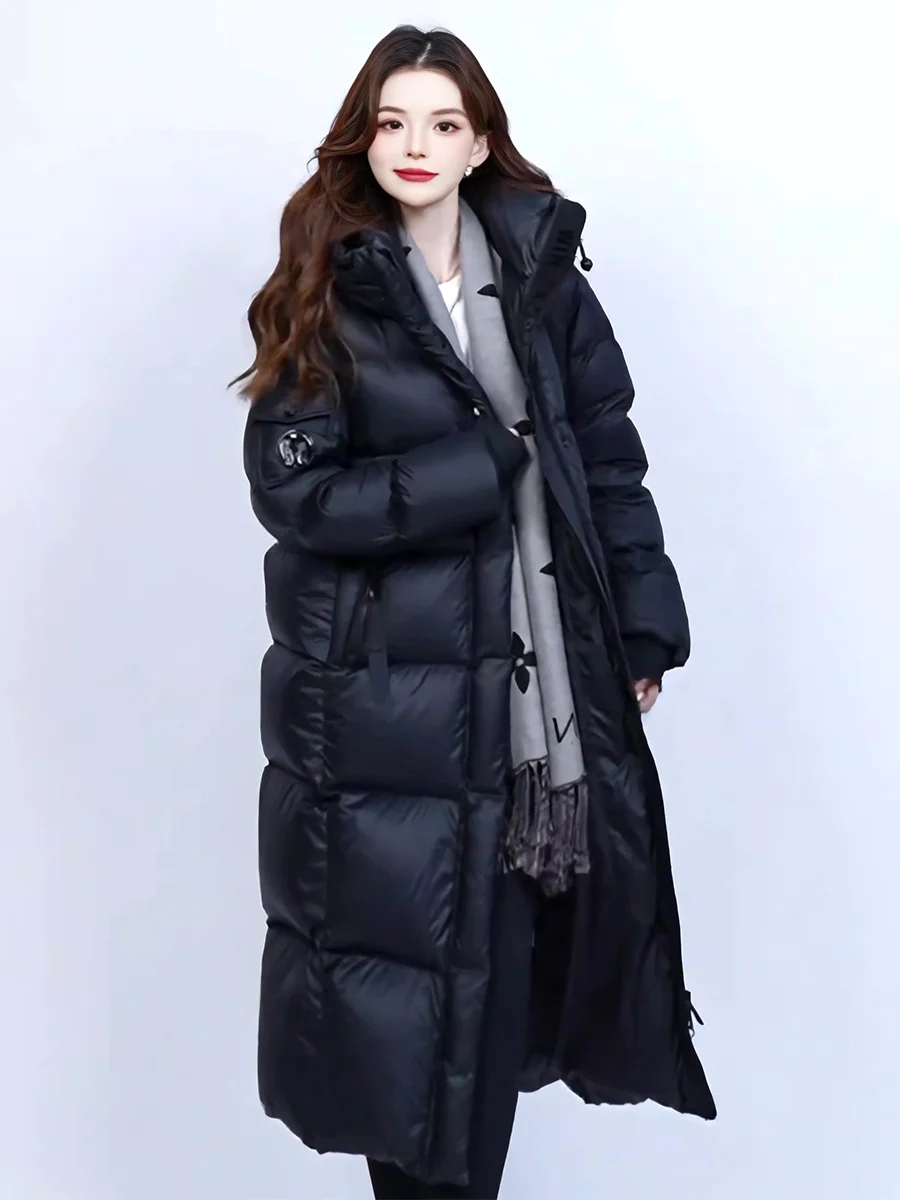 

Черное длинное пуховое пальто с капюшоном для женщин, очень теплое зимнее пальто до колен, устойчивое к экстремальным холодам, повседневное, на молнии