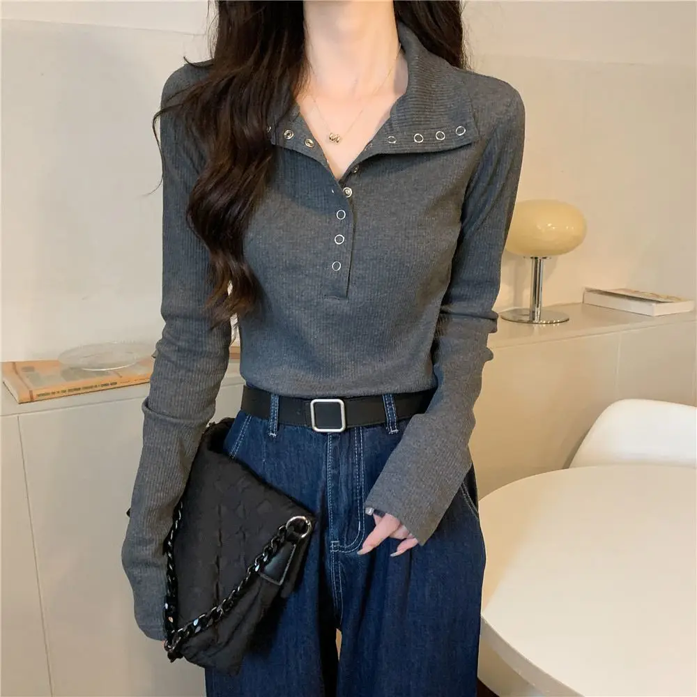 

American Lapel Inner Bottom Shirt for Women in Autumn and Winter European and American Retro Slim Long-sleeved POLO Collar Top