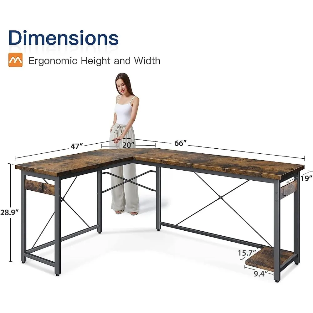 مكتب ألعاب أكبر على شكل حرف L ، طاولة كمبيوتر متينة للمنزل والمكتب ، محطة عمل كتابة عتيقة ، 66 بوصة