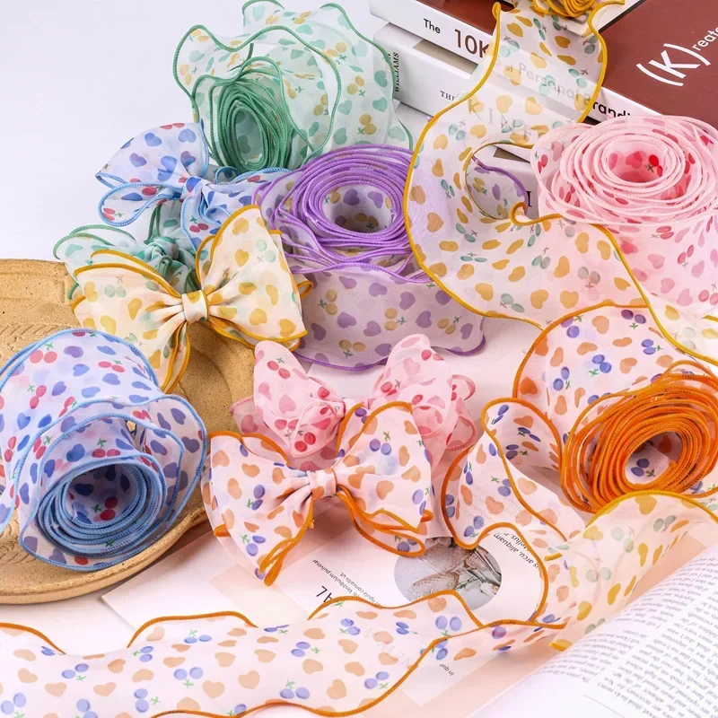 1 Set Heart-Shaped Cherry Printing Piping Yarn DIY Bow Hair Accessories Large Intestine Hair Ring Material Love Fruit Printed Ri