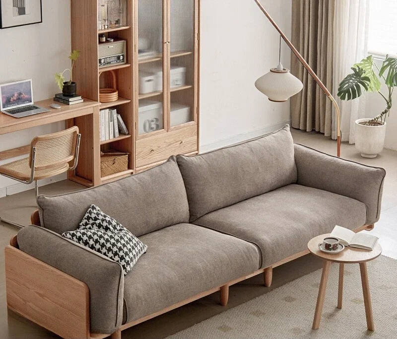 All solid wood modern simple Nordic living room home log straight row fabric sofa
