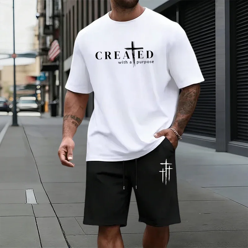 JESUS CROSS Printed T-shirt and Shorts Summer New in Men's Set Urban Casual Fashion Short Sleeve Sportswear Home Outdoor Outfits