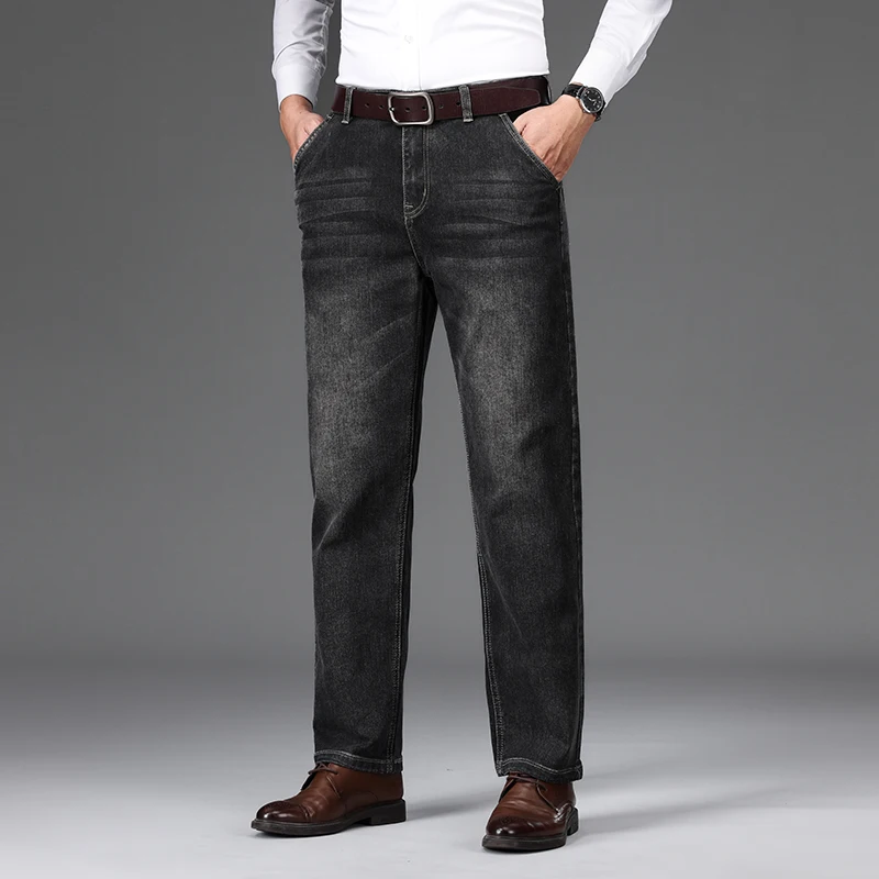 Autunno nuovi Jeans dritti da uomo classico cotone elasticizzato lavato Business pantaloni Casual in Denim vestiti di marca di moda nero blu grigio