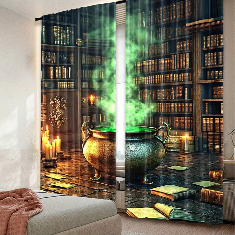 Magic Library Curtains, Witch Cauldron Green Smoke Scene Window Drapes, Fantasy Room Decor Blackout Fabric for Living Room Study