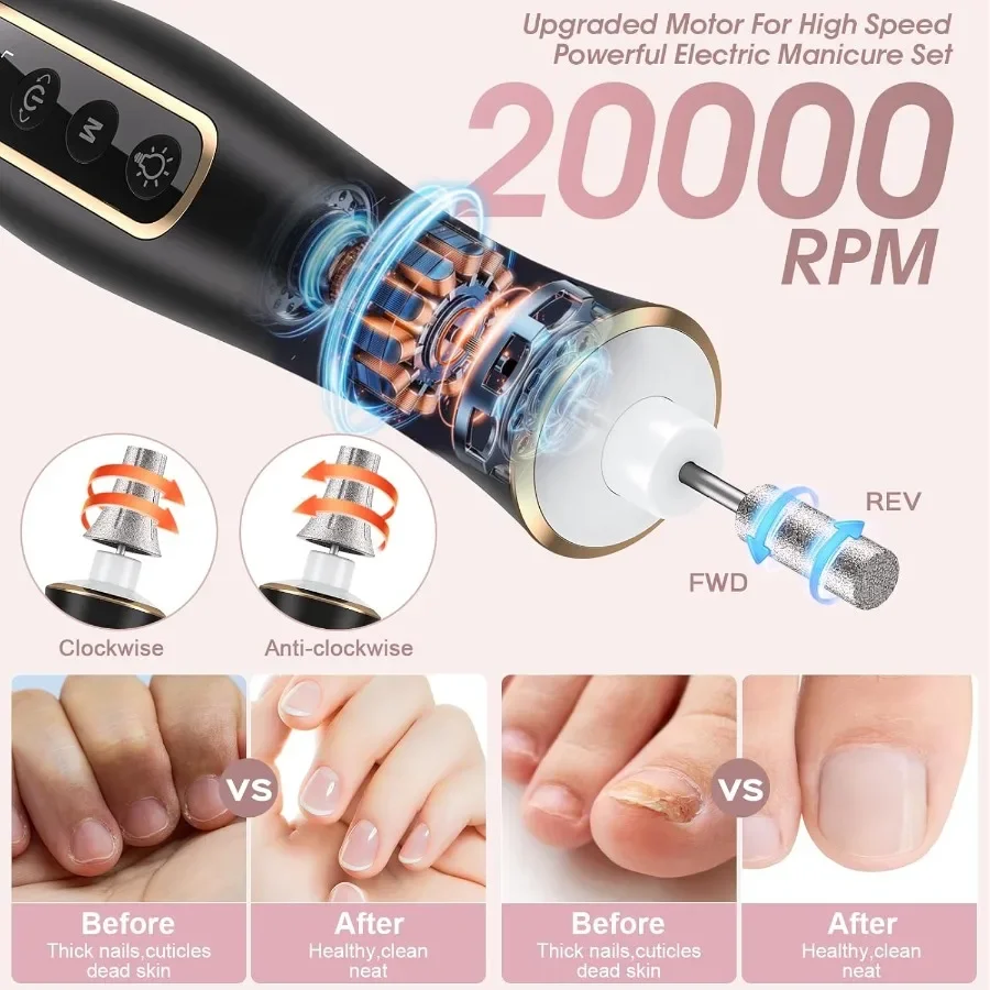 Cordless Electric Nail Drill Professional Manicure Pedicure Kit with 10 Speeds Rechargeable Hand Foot Care Tools for Daily Use