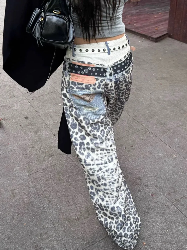 Y2K Pantalones con estampado de leopardo Pantalones vaqueros retro americanos unisex Ropa de calle de pierna ancha con doble cintura