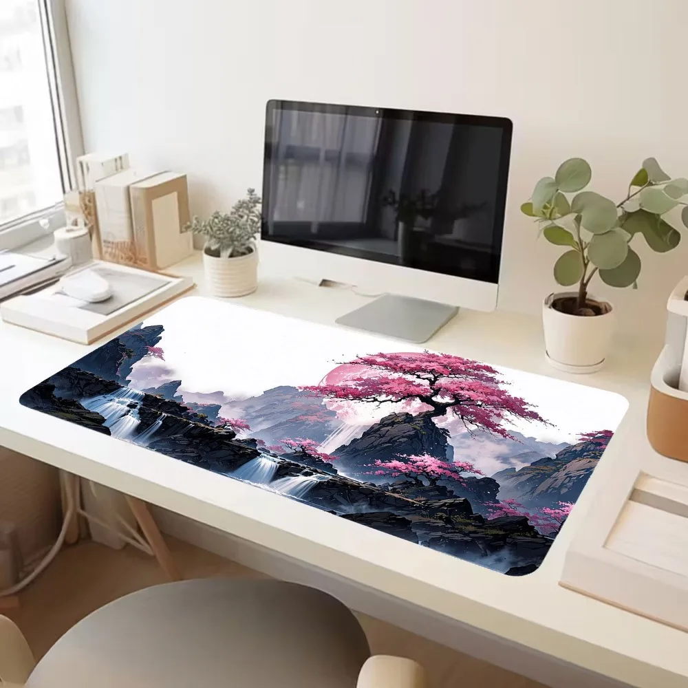 Tapis de souris antidérapant pour ordinateur de bureau, avec motif de fleurs de cerisier japonais, décoration pour gamer, tapis de souris xxl