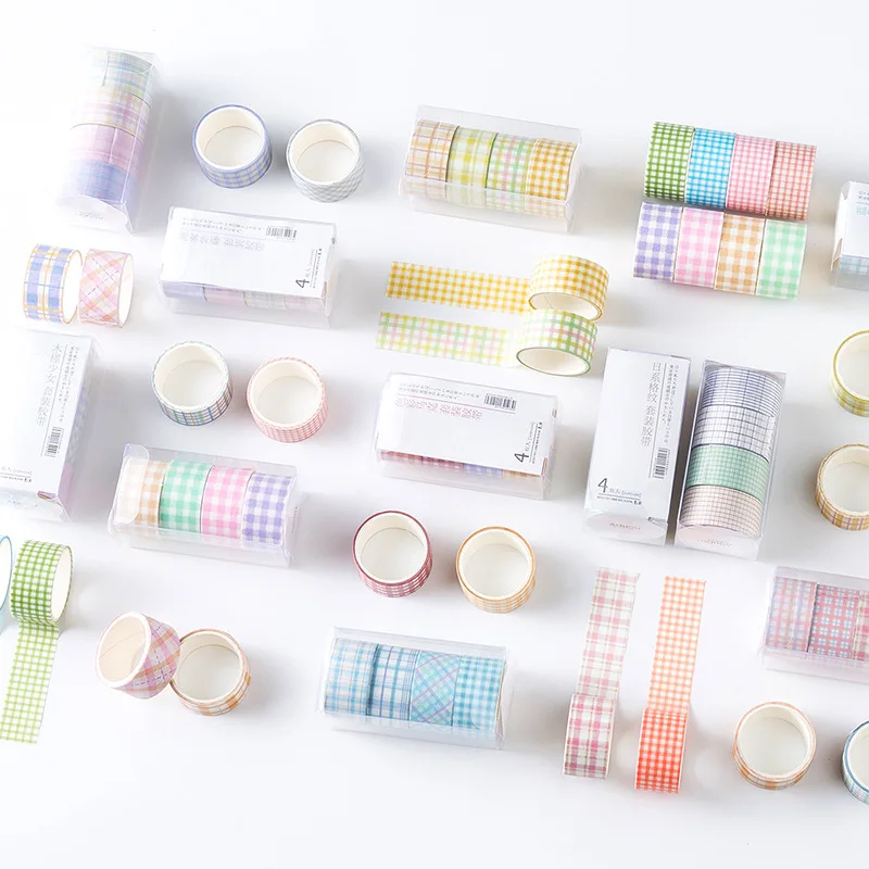 Four roll set of High profile horizontal hand Ledger tape Japanese Color Foundation Plaid Girly Decorative hand Ledger and paper