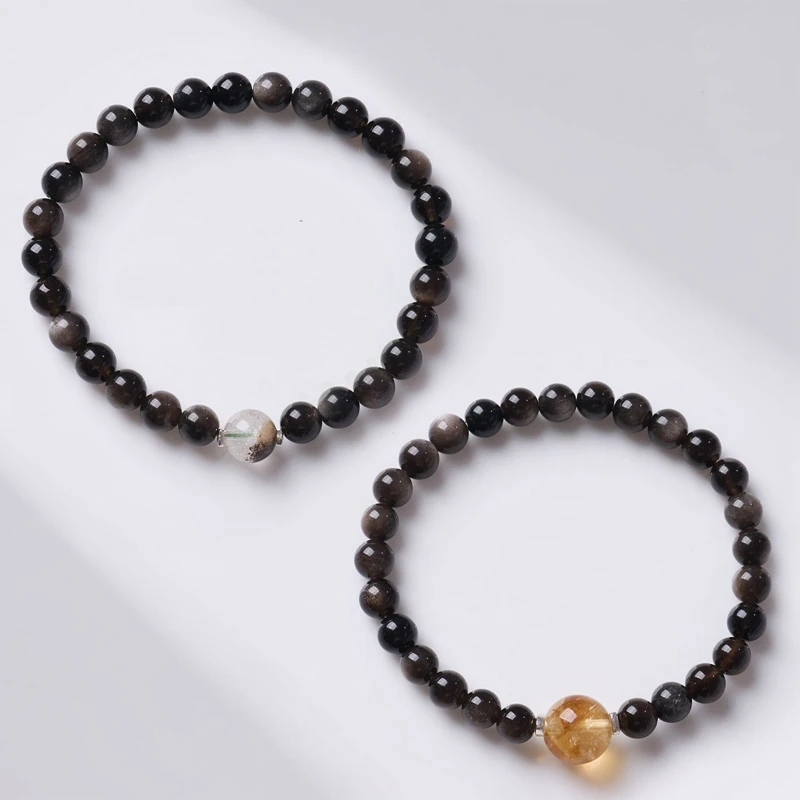 6mm Natural Silver Obsidian/Green Phantom Quartz/Citrine Single-Loop Bracelet Lucky Wealth Crystal Beaded Bracelet for Women Men