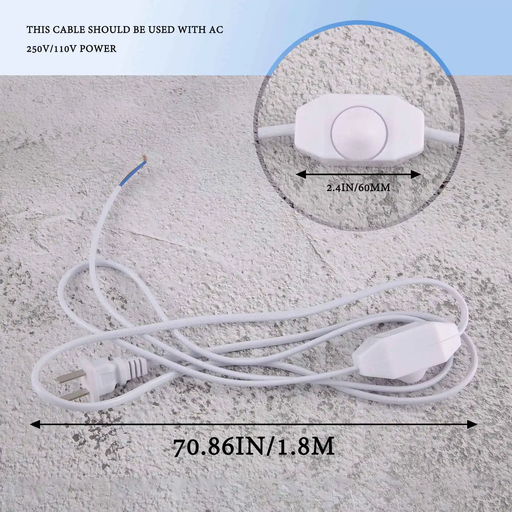 New White Lamp Power Cord w Dimmer Switch AC 250V/110V US Plug