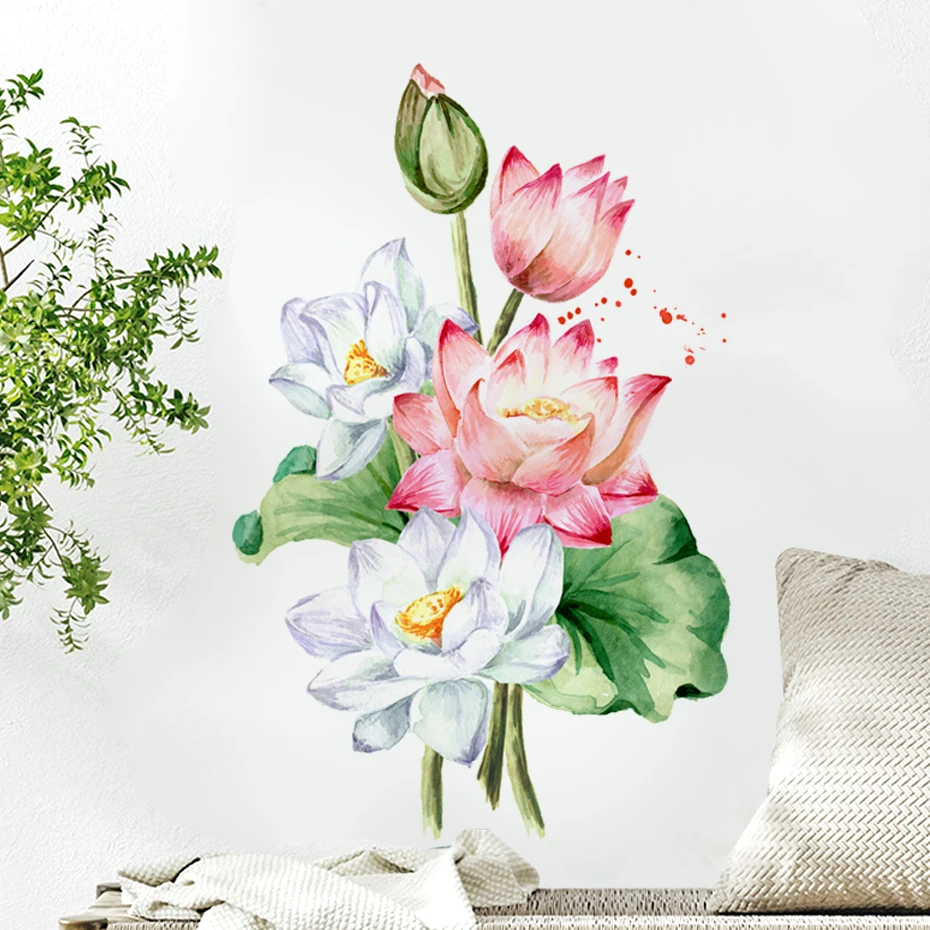 Watercolor Lotus Leaves Lotus Wall Stickers Painted Wall Decals for Living Room Bedroom Home Wall Decoration